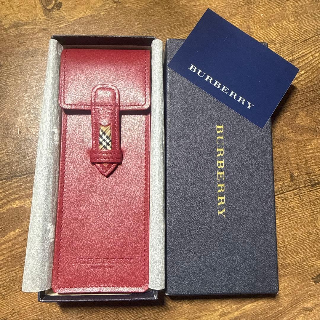 箱付 美品 バーバリー BURBERRY ペンケース 筆箱 赤 万年筆ケース