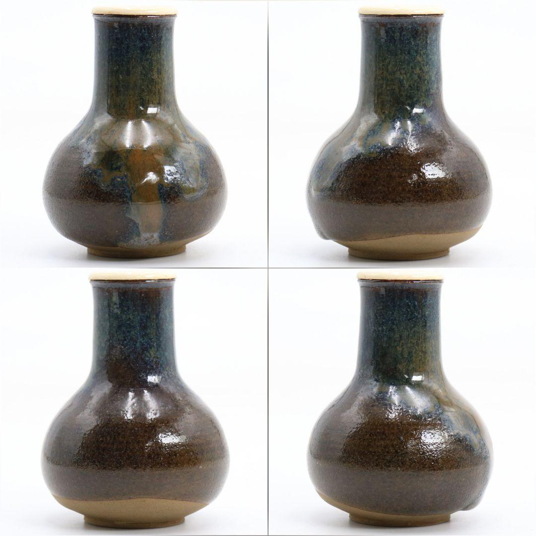 笹山登古作 高取焼 鶴首茶入 利休梅緞子仕覆 茶道具 共箱　V910　N9