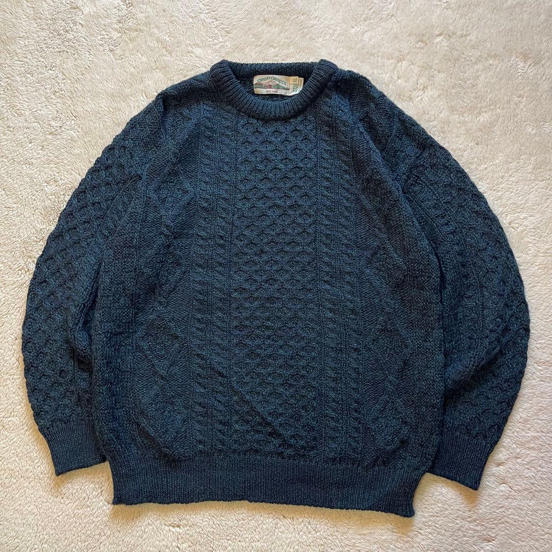 vintage 古着　アイルランド製　肉厚　フィッシャーマン　アランニット　紺色