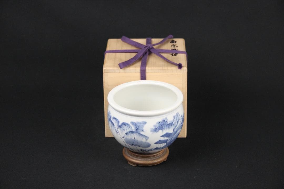 中国美術 南京染付　山水模様　建水　箱付 EA21-21