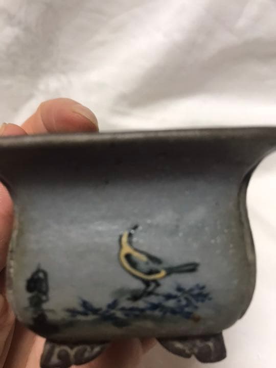 盆栽鉢　時代希少名工陶翠絵付け五彩色隅入り袋長方鉢泥鉢ミニ盆栽鉢豆鉢高級鉢木箱入