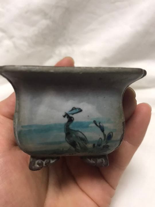 盆栽鉢　時代希少名工陶翠絵付け五彩色隅入り袋長方鉢泥鉢ミニ盆栽鉢豆鉢高級鉢木箱入