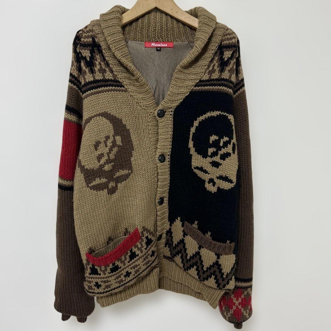 ラッセルノ スカル柄 ショールカラー ニット M ゴルフウェア