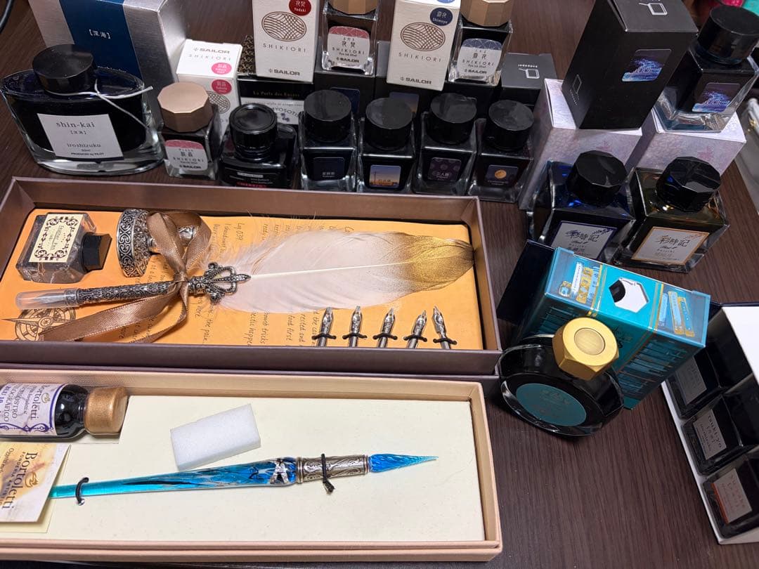 インク、ガラスペン、羽根ペンセット